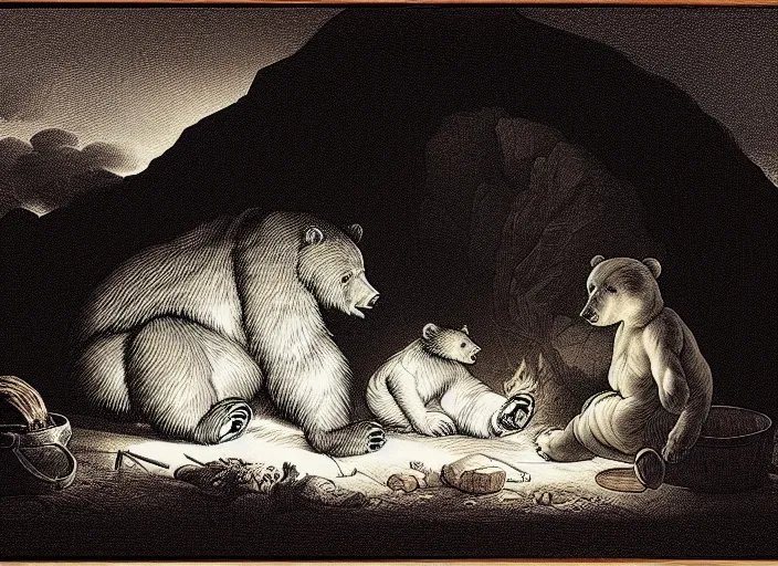 Image similar to Pieter Claesz's 'a bear and her cub sleeping in a dark cave, lit by campfire', night time, cross hatching, backlit, beautiful wooden frame, the colours of the sunset