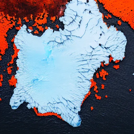 Image similar to top down view of map of country iceland made out of ice, accurate map, surrounded by ocean made out of hot orange lava, realistic