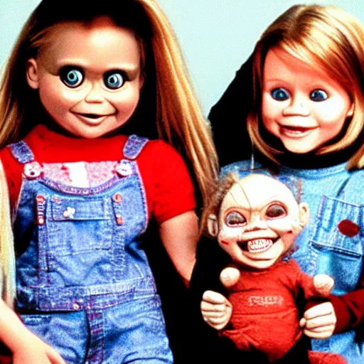 Prompt: the olsen twins from full house holding chucky the evil killer doll from the movie child's play on an episode of full house