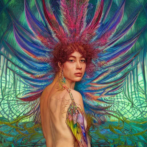 Prompt: A reality bending psychedelic ayahuasca experience, colorful, distorted, surreal, tropical bird feathers, dramatic lighting on the face, intricate, elegant, highly detailed, digital painting, concept art, smooth, sharp focus, illustration, art by Krenz Cushart and Wayne Barlowe and alphonse mucha