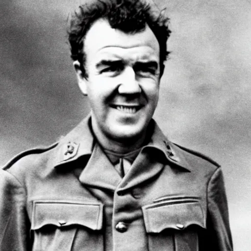 Image similar to Jeremy Clarkson as a soldier during WW2, grainy monochrome accurate photo