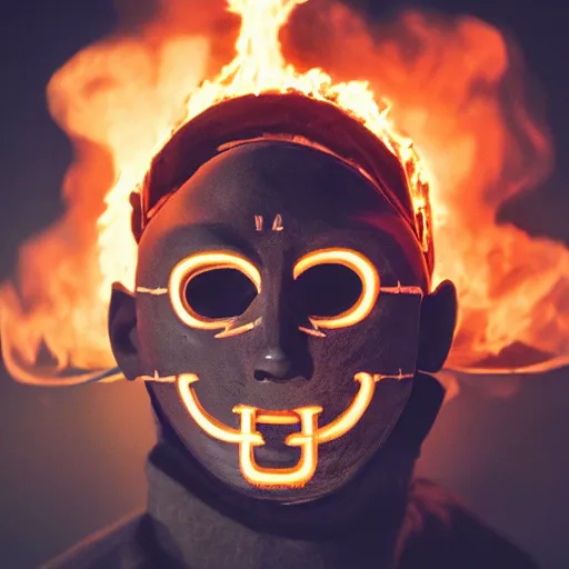 Prompt: A photo of a man wearing a mask holding a cross on fire in the night, 8K concept art, detailed, vintage camera