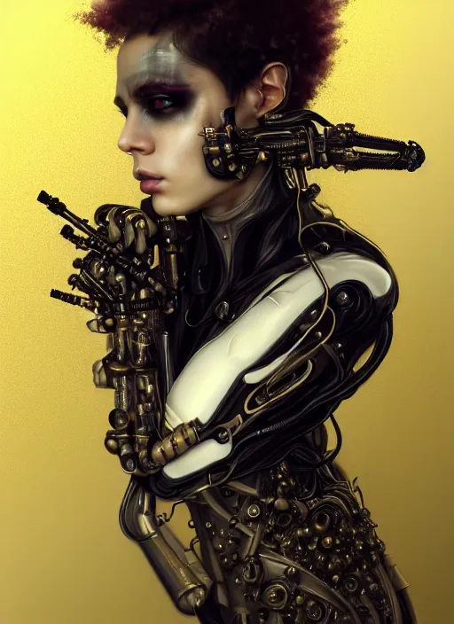 Image similar to soft lustrous hard tech ebony ivory biotech raver gutter punk cyborg bioweapon, golden ratio, details, sci - fi, dark fantasy, cyberpunk, intricate, decadent, ornate, highly detailed, digital painting, octane render, 8 k, artstation, concept art, smooth, sharp focus, illustration, art by artgerm, loish, wlop