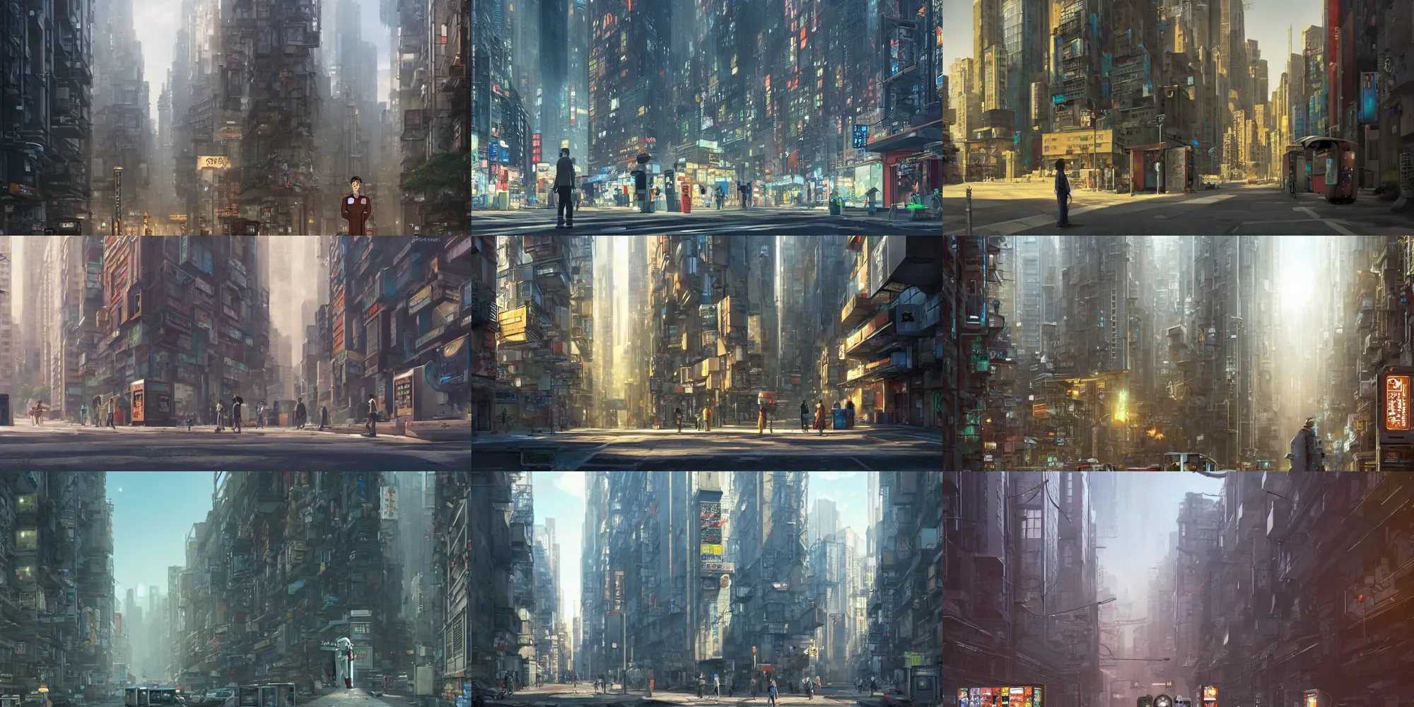 Prompt: a lone vending machine robot in a street next to tall buildings, a matte painting by satoshi kon, cgsociety, context art, greeble, toonami, reimagined by industrial light and magic, ultra wide