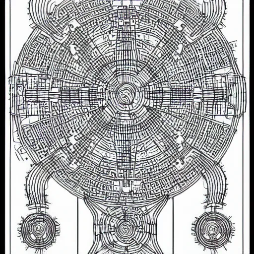 Image similar to Simplistic coloring book of a turbine blueprint, black ball pen on white paper, by Josan Gonzalez and Geof Darrow