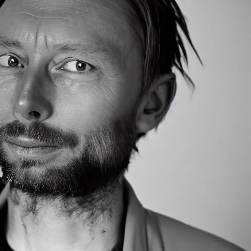 Image similar to Smiling Thom Yorke, with a beard and a black jacket, a portrait by John E. Berninger, dribble, neo-expressionism, uhd image, studio portrait, 1990s