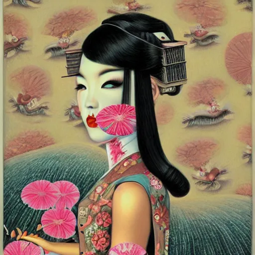 Image similar to Futuristic geisha girl, worm's-eye view, lowbrow painting by Mark Ryden