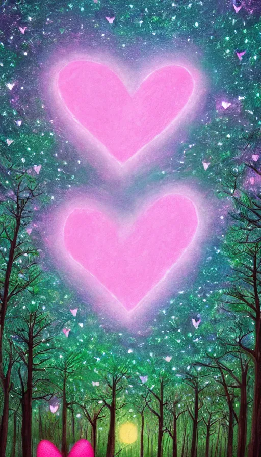 Prompt: pink hearts on the starry night sky, green forest, trending on artstation, beautiful, detailed, 4 k