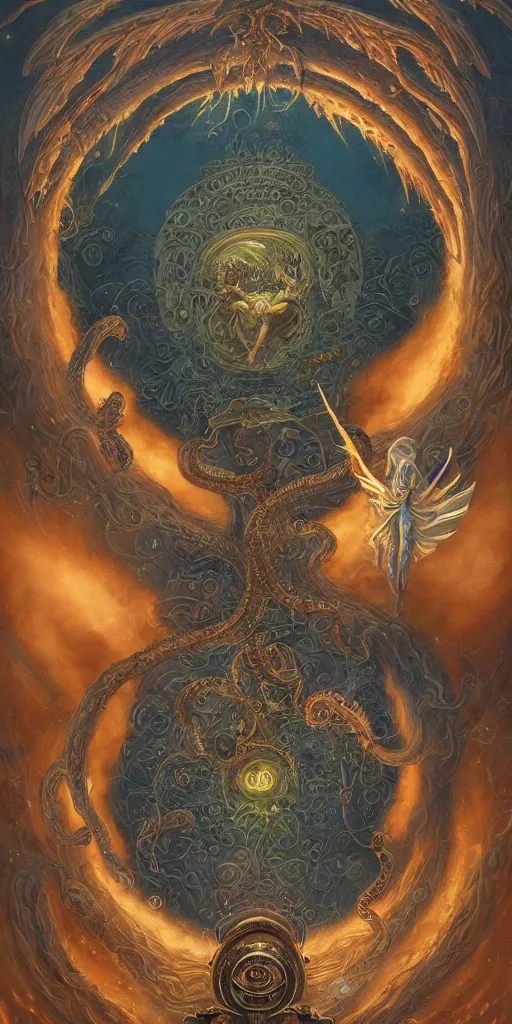 Prompt: highly detailed, intricate stunningly beautiful religious image of heavenly creatures, angels, swirling portal with vision of hell, ophanim , Giant God, serpents,huge orange glowing moon by Roger Dean, Shaun Tan, Peter Mohrbacher and Andrei Riabovitchev