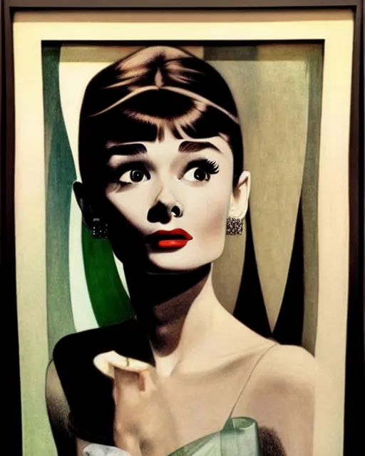 Prompt: photo of young audrey hepburn in 1 9 3 0 s penthouse, deco skyscrapers faintly visible outside, oil painting, by mucha, shaun tan, edward hopper, artgerm, very coherent, iconic