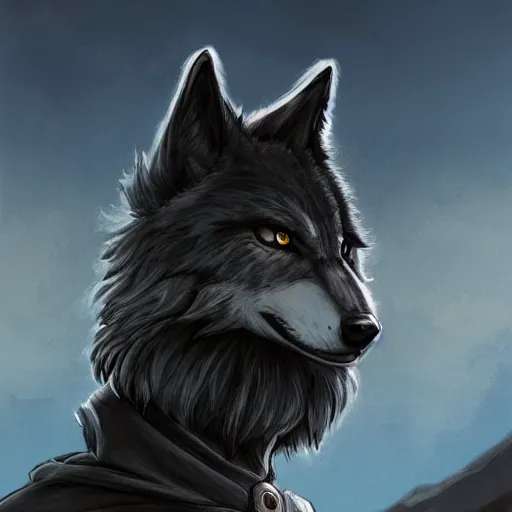 Prompt: an anthropomorphic wolf in a black doublet looking out over the hills, artstation hq, stylized, sharp focus, concept art, furaffinity fursona, furry, anthropomorphic, digital art by ayami kojima