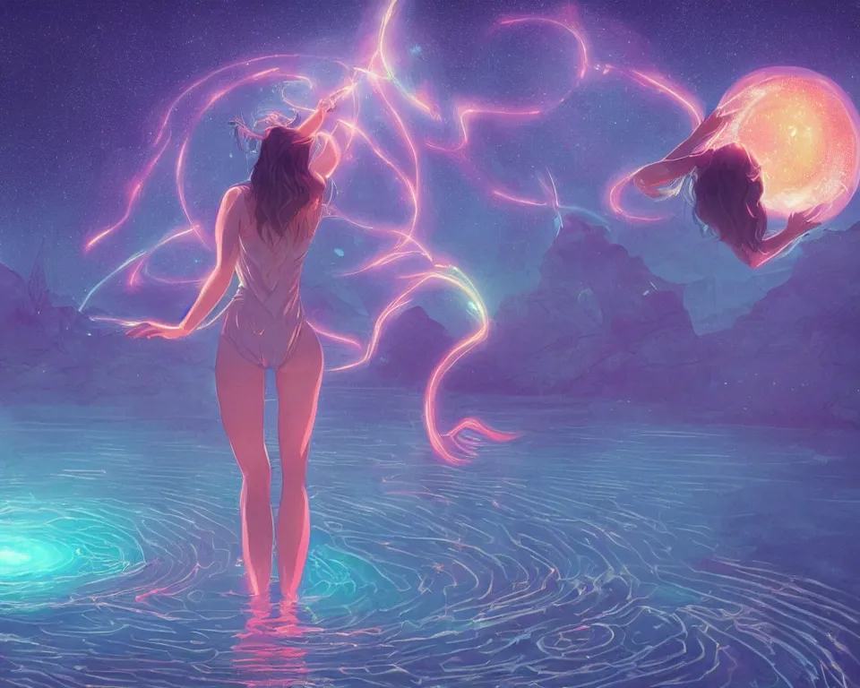 Prompt: beautiful fantastical girl standing in a lake basking in the moonlight, casting a spell, underneath a multi-colored binary blackhole with an accretion disc, glowing trails following her arms, wearing professional makeup, synthwave, by Lois van Baarle, by Greg Rutkowski, by artgerm, by beeple, by studio ghibli, cinematic angle, volumetric lighting, 4k resolution, octane render, trending on artstation, masterpiece