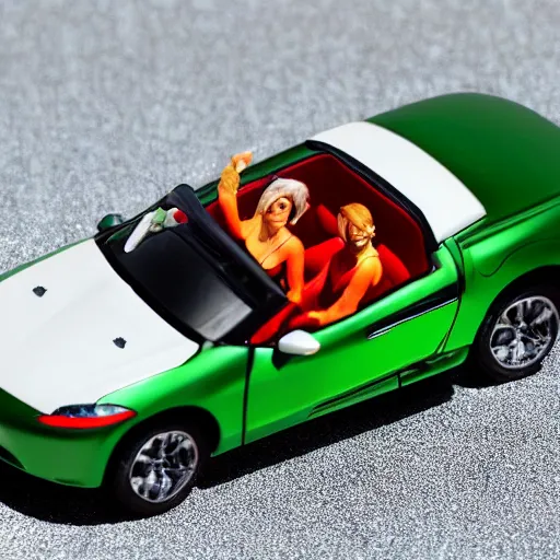 Image similar to a redhead woman driving a Jada toys mitsubishi eclipse green diecast car, high resolution macro photo, viewed through the cars window