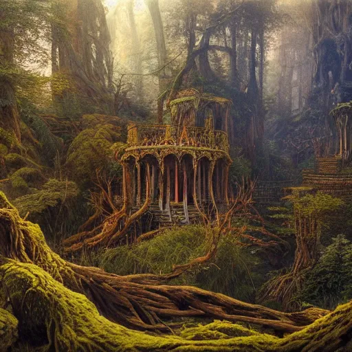 Image similar to a beautiful and highly detailed oil painting of an overgrown forest temple in the misty mountains, intricate details, epic scale, insanely complex, 8 k, sharp focus, hyperrealism, fantasy landscape, psychedelic, by caspar friedrich and james gurney,