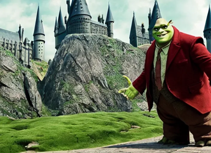 Prompt: a film still of professor shrek in harry potter