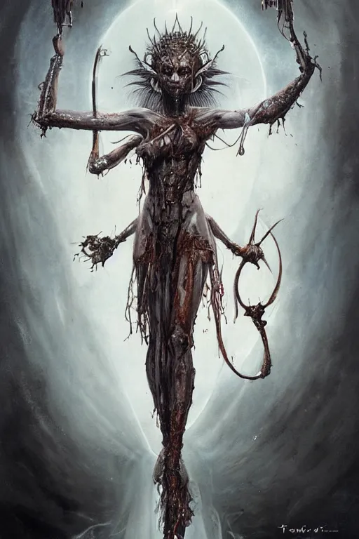 Prompt: an epic goddess with 4 arms holding a ceremonial athame in the air,beautiful and terrifying,melting,sinew,full character design,8k,by Stanley Artgermm,Tom Bagshaw,Gerald Brom,Carne Griffiths,Ron English,Linsey Levendall,Giger,trending on DeviantArt,face enhance,hyper detailed,minimalist,horror,full of colour,cinematic,dynamic lighting