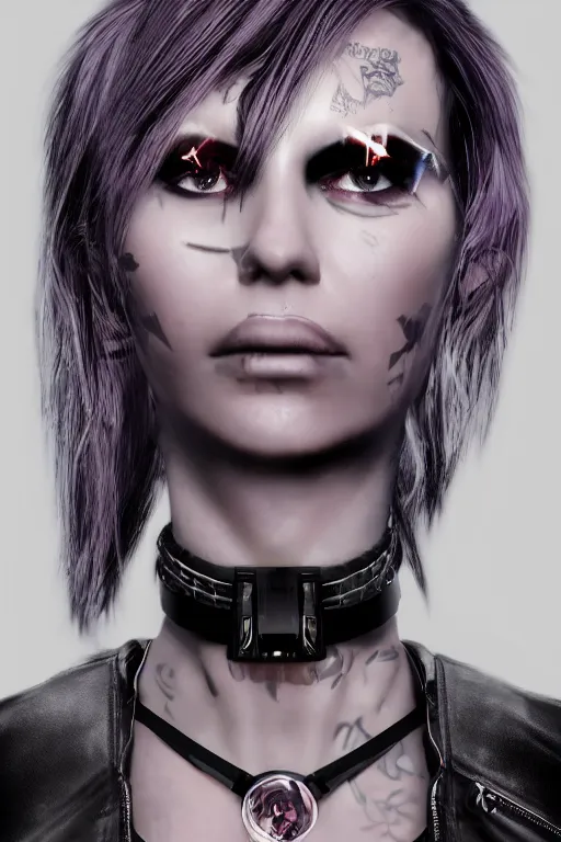 Image similar to detailed realistic female rock star cyberpunk wearing technological collar around neck, realistic, art, beautiful, 4K, collar, choker, collar around neck, punk, artstation, detailed, female, woman, choker, cyberpunk, neon, punk, collar, choker, collar around neck, thick collar, tight around neck, punk,