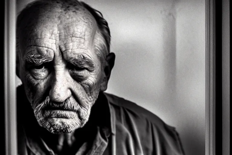 Prompt: a cinematic, close up portrait, of an old man, looking in the window, dramatic, soft light, dreamy, facial features, stood in a cell, with prison clothing, detailed, deep focus, movie still, dramatic lighting, ray tracing, by hendrik kerstens and paolo roversi