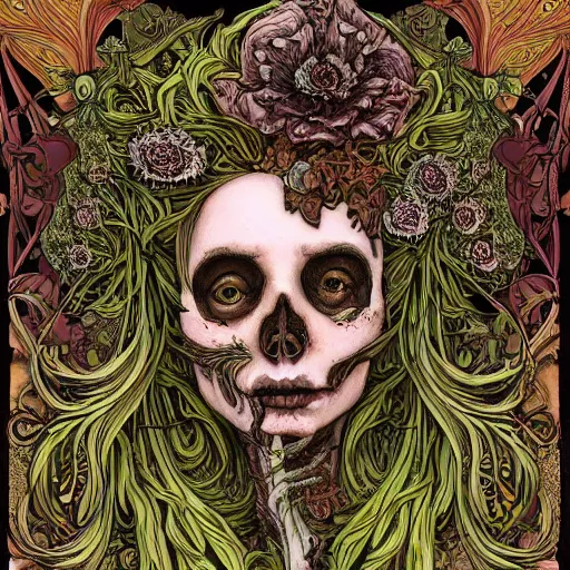 Image similar to detailed rotten woman skull corpse with fractal plants and fractal flowers and mushrooms growing around, symmetrical, ornate, ornamentation, illustration, in the style of art nouveau, mucha