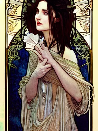 Image similar to a beautiful painting of young winona ryder by Alphonse Mucha and by Mark Brooks and by john william waterhouse and by arthur rackham, Art Nouveau, Neo-Gothic, gothic, award winning painting, hyperdetailed, detailed