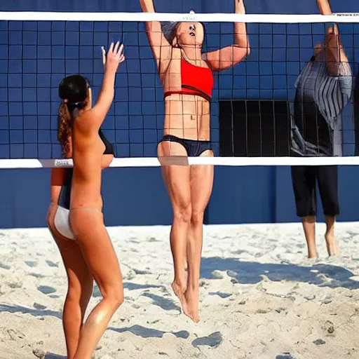 Image similar to extremely buff Donald Trump playing beach volleyball with women,