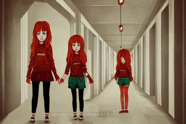 Image similar to scary ginger twin girls standing in an endless hallway, illustration, cute but scary, digital art, unique, trending on artstation, artistic, symmetrical, inspired by wes anderson