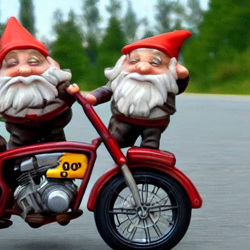 Image similar to drunken gnomes on a motorcycle flee from a police chase