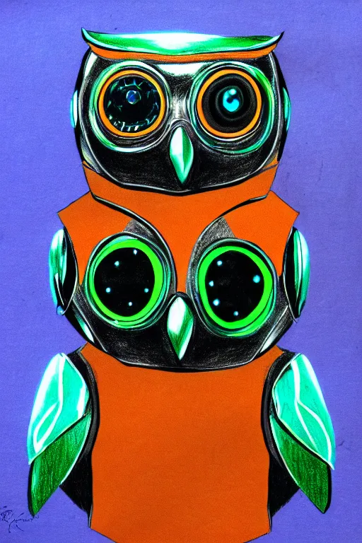 Prompt: drawing of an robotic little owl, cyberpunk style, she is made from stainless steel and leather, her wings are metallic green, her body is metallic blue, she has big, orange eyes and tries to look vute