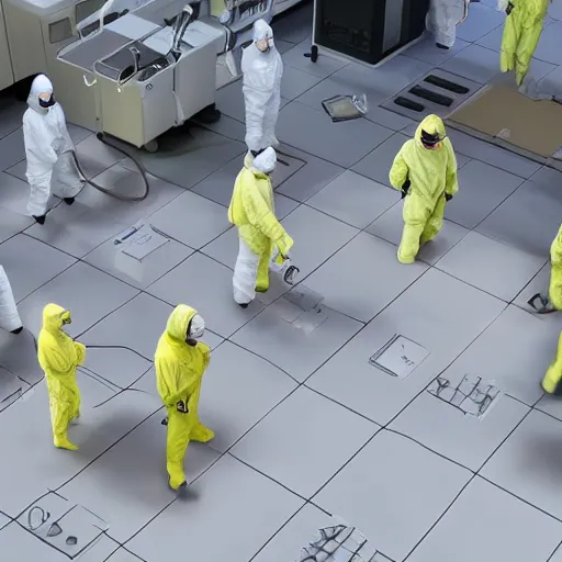 Prompt: underground lab, sterile, rows of humans on hospital beds, staff wearing hazmat suits, unknown location, photo taken from above, light and shadows, concept art