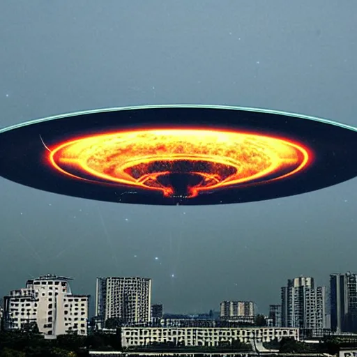 Image similar to ufo from independence day is flying over Pyongyang . real photo ultra realistic