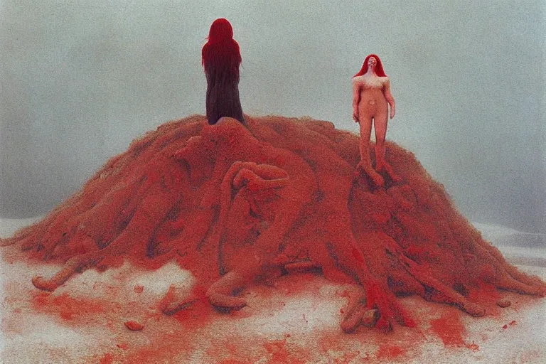 Image similar to a surrealist painting of a lonely woman with pale skin and red hair, standing over pile of bodies in post apocalyptic snowy landscape, painted by zdzisław beksinski