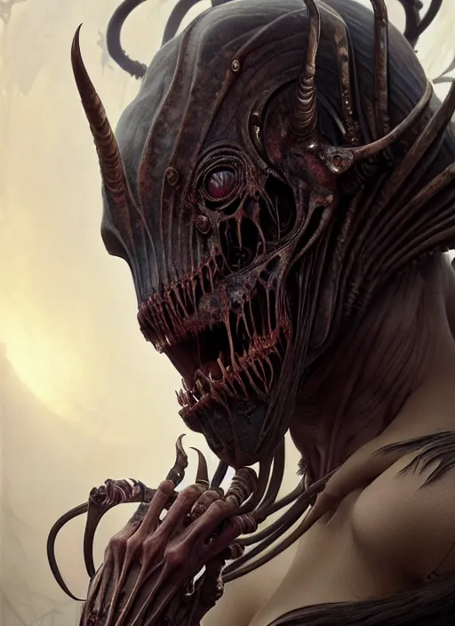 Image similar to ultra realistic, human alien predator hybrid, gothic, fantasy, flesh, bone, body horror, intricate details, eerie, highly detailed, octane render, 8 k, art by artgerm and alphonse mucha and greg rutkowski