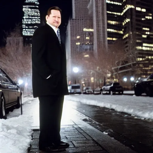 Image similar to 1 9 9 8 andy richter wearing a black wool coat over a black suit and necktie standing on the streets of chicago at night in winter.