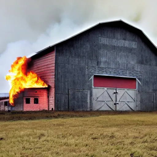 Prompt: a large Barn on fire in the stlye of 8k award winning photo