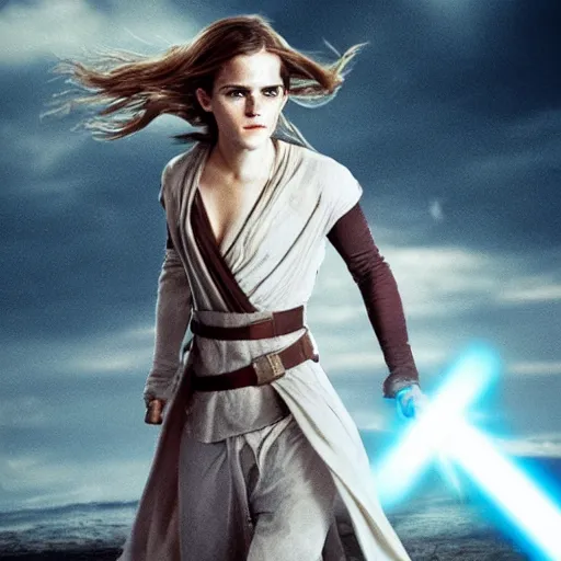 Prompt: emma watson as a jedi knight in battle, high high high quality