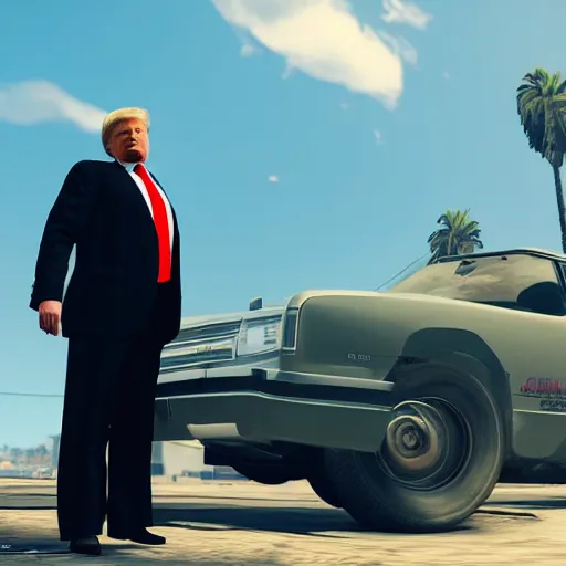 Prompt: donald trump in gta v, videogame render, 4 k, artstation