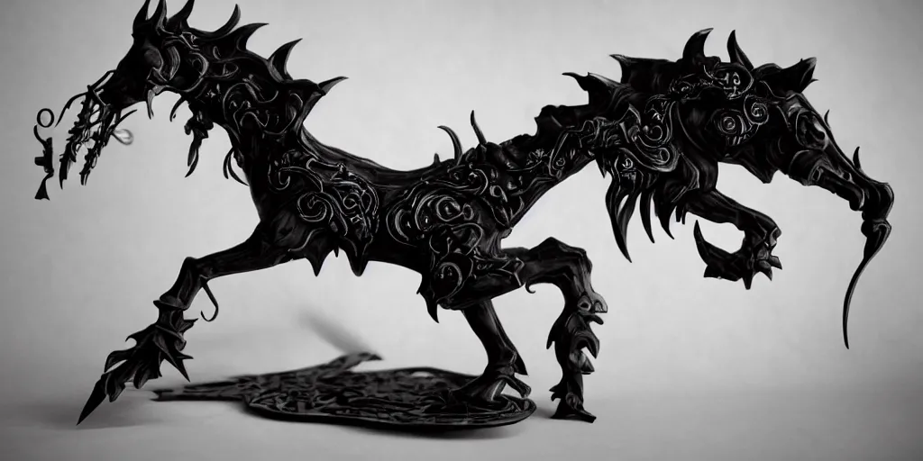 Image similar to a dark fantasy side view of an undead carousel horse, tim burton, world of warcraft, league of legends