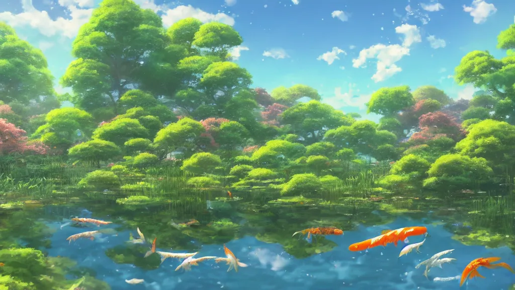 Image similar to a ultradetailed beautiful matte painting of a peaceful pond with a clear water and amazingly beautiful carp koi and a magical wind blowing gently, anime landscape, high resolution 4 k, by makoto shinkai, charli bowater and artgeem