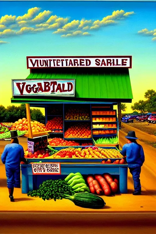 Prompt: a hyperrealistic painting of a roadside vegetable stand ran by mutant farmers. cinematic horror by jimmy alonzo, the art of skinner, chris cunningham, lisa frank, richard corben, highly detailed, vivid color,