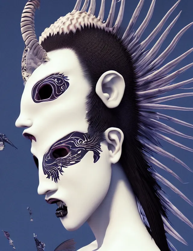 Image similar to 3 d goddess close - up profile simple portrait punk with mohawk with goat skull. beautiful intricately detailed japanese crow kitsune mask and clasical japanese kimono. betta fish, jellyfish phoenix, bio luminescent, plasma, ice, water, wind, creature, artwork by tooth wu and wlop and beeple and greg rutkowski