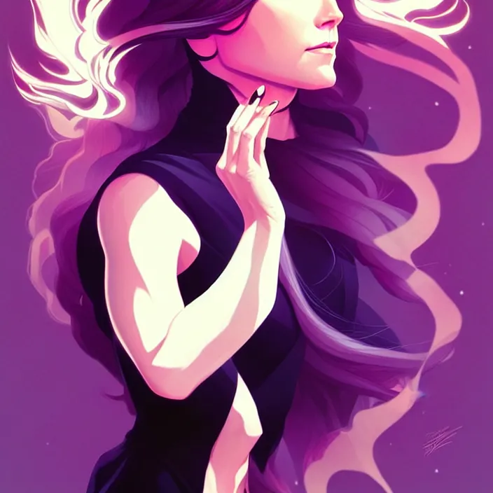 Image similar to style artgerm, joshua middleton, phil noto, beautiful kristen bell with black dress, very long white hair, symmetrical face, symmetrical eyes, purple fire powers fire swirling, detailed, forest setting, cinematic lighting