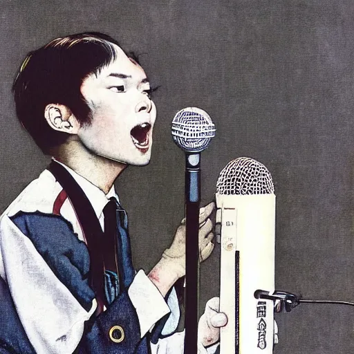 Prompt: A norman rockwell portrait illustration about a japanese 1980 idol singer singing to a microphone