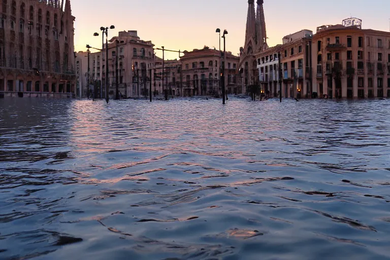 Image similar to views of catastrophic barcelona's downtown covered with high water, global warming, floating cars, sunset lighting, photo real