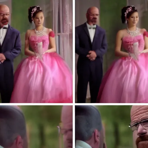 Prompt: Walter White at his quinceanera, cinematic shot, film still, wide shot