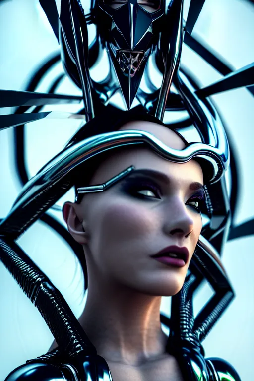 Image similar to beautiful powerful female glossy futuristic cyborg with curved metal Loki horns and chrome motorcycle parts, full body, dark fantasy, neon bar lights, 3d render, octane, 8k, volumetric lighting, hyper-realistic,, diffuse lighting, intricate, highly detailed, life like, photorealistic, digital painting, trending on artstation, smooth, sharp focus