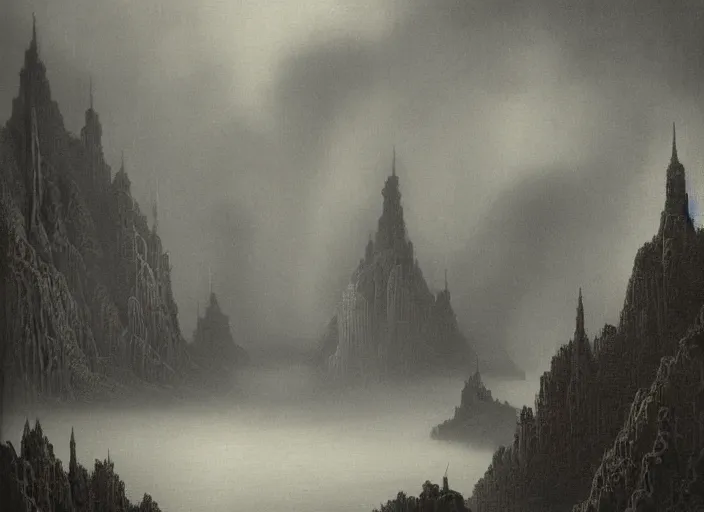 Image similar to pleasing misty palette. intricate sharp spikes riddle this puzzling landscape, it's too detailed, too dense, too much profound density, oppressively detailed, painterly fantasia ( 1 9 4 1 )