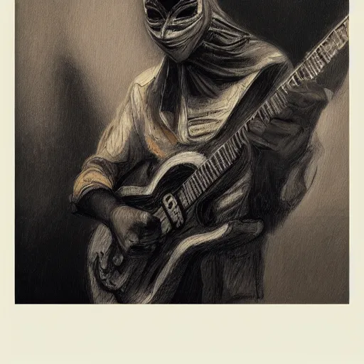 Image similar to a person with a mask playing a guitar, an ultrafine detailed painting by aleksander orłowski, artstation contest winner, sots art, concept art, da vinci, sketchfab