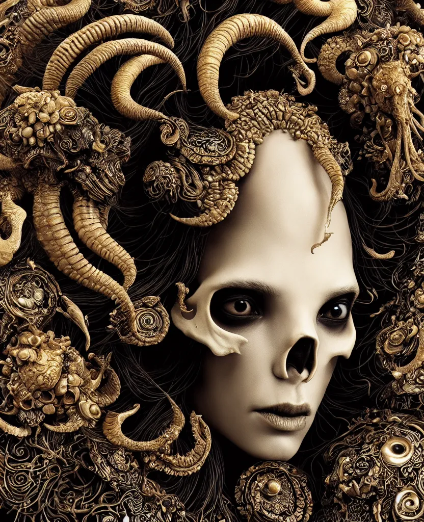 Image similar to goddess princess face close-up portrait ram skull. sculpture made of black clay and gold. jellyfish phoenix head, nautilus, orchid, skull, betta fish, bioluminiscent creatures, intricate artwork by Tooth Wu and wlop and beeple. octane render, trending on artstation, greg rutkowski very coherent symmetrical artwork. cinematic, hyper realism, high detail, octane render, 8k