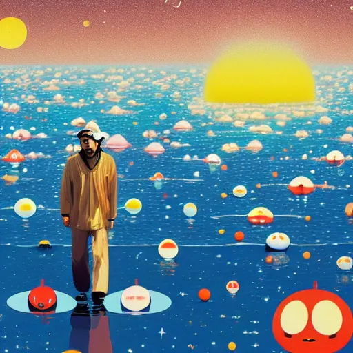 Image similar to a man walking on water under the stars by takashi murakami, beeple and james jean, aya takano color style, 4 k, super detailed