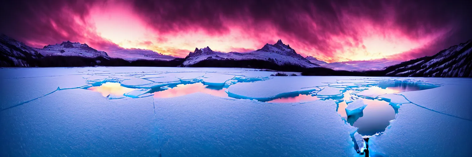 Image similar to amazing landscape photo of A (gigantic) monster trapped under the ice transparent frozen lake at sunset by marc adamus beautiful dramatic lighting